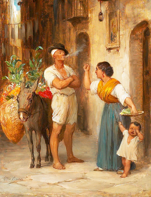 Italian street scene with a woman scolding a greengrocer with a donkey., 1896, Otto Bache