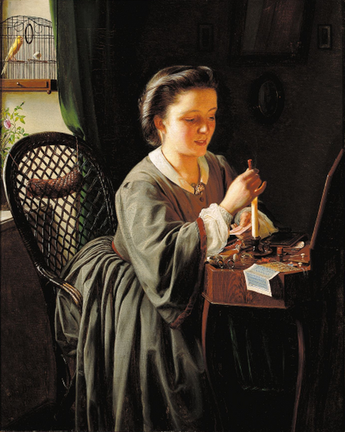 A young woman sealing a letter., 1862, Otto Bache