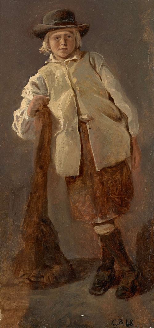 Boy leaning on a tree trunk., 1868, Otto Bache