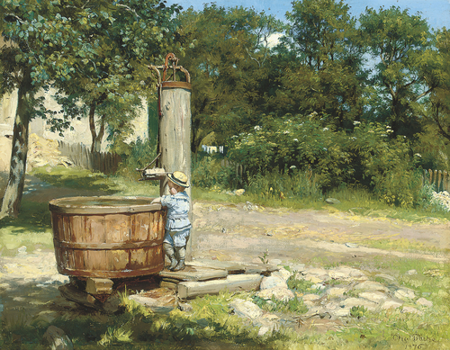 A child playing at a water pump ., 1876, Otto Bache