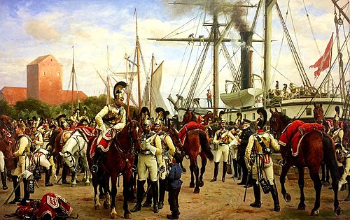 The Royal Danish Horse Guards at the Port of Korsør on the way to the front in 1848., 1888, Otto Bache