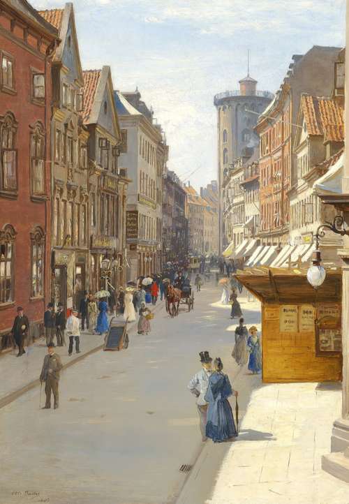 Street scene from Købmagergade in Copenhagen with Rundetårn protruding., 1893, Otto Bache