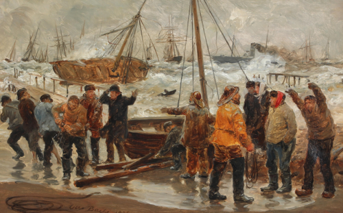 Fishermen and ships in stormy weather., 1906, Otto Bache