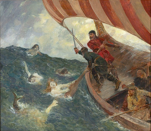 Vikings fighting against mermaids., 1909, Otto Bache