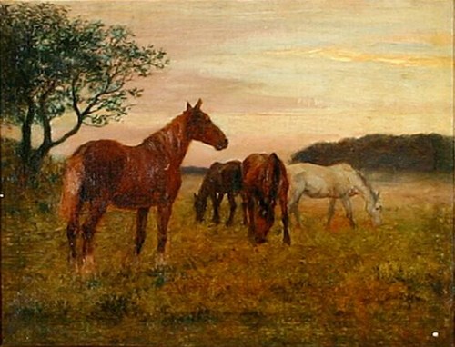 Horses in a field at sunset., 1910, Otto Bache