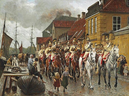The Royal Horseguard on the street of Frederiksholms Kanal in Copenhagen., 1911, Otto Bache