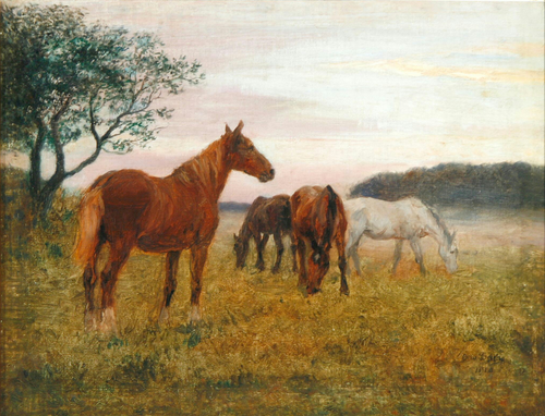 Horses are grazing on a field in the morning haze., 1919, Otto Bache