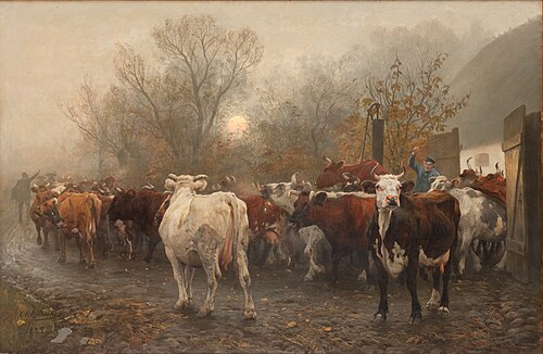 Driving Cows out of the Cowhouse, 1885, Otto Bache