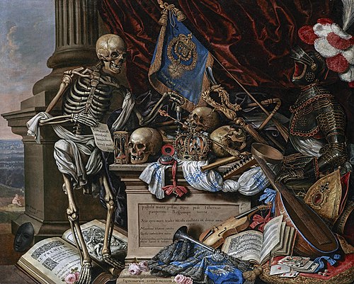 Vanitas Still Life with Musical Instruments, Sheet Music, Books, a Skeleton, Skulls and Armour, 1650, Christian Luycks