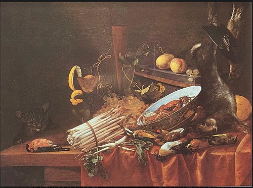 Game, shellfish, fruit and asparagus with a cat, 1650, Christian Luycks