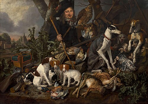 Gentleman hunter with his pack of dogs and hunting trophies, 1650, Christian Luycks