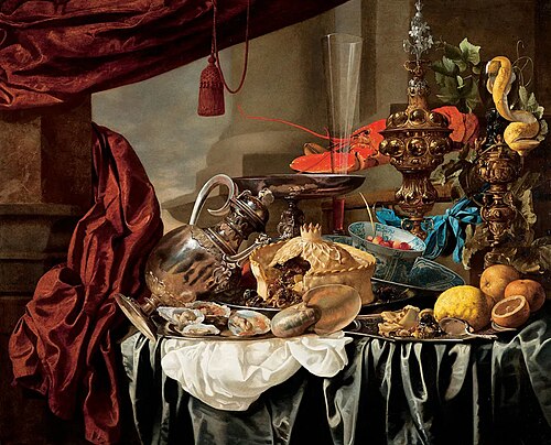 Opulent Still-Life with Silvergilt objects, Nautilus Shell, Porcelain, Pie, Fruit and Fish on a Drap, 1650, Christian Luycks
