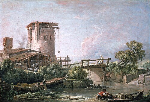 Landscape with Tower and Bridge, 1758, François Boucher