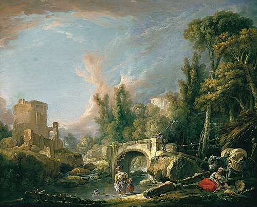 River Landscape with Ruin and Bridge, 1762, François Boucher