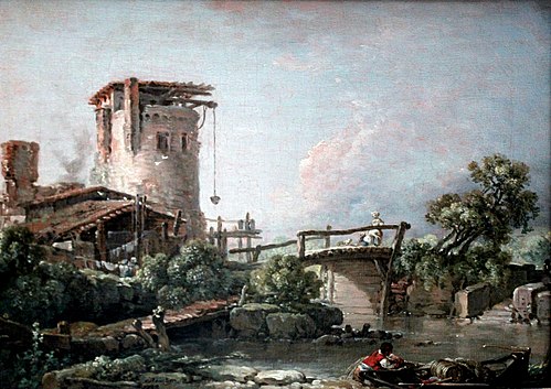 Landscape with Tower and Bridge, 1758, François Boucher