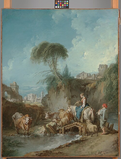 Landscape with Distant Buildings and a Herdswoman, , François Boucher