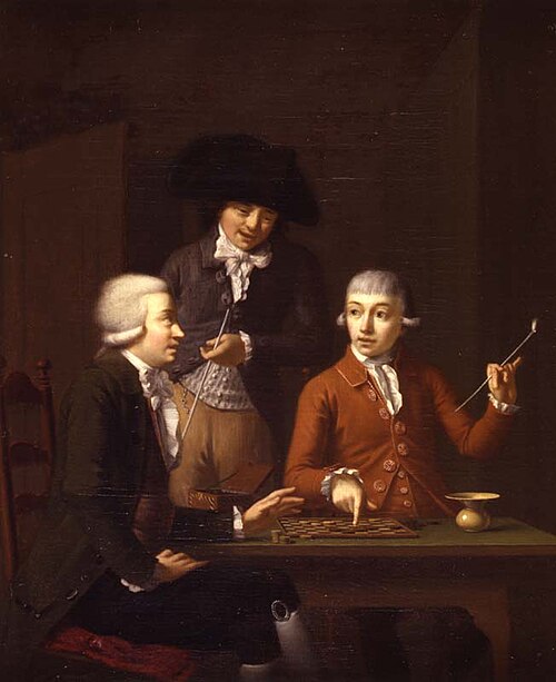 Een tafel waarom drie mannen, bij het damspel, 1790, Dirk Ploegsma