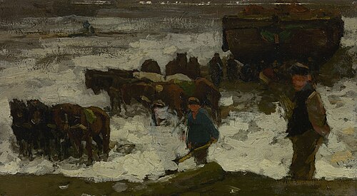 Vissers trekken hun boot op het strand; sneeuweffect, 1892, Willem Zwart
