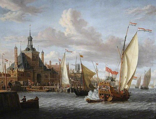 A Zeeland States Yacht Firing a Salute off the Oude Hooftdpoort, Rotterdam, The Netherlands, , Jacob Storck
