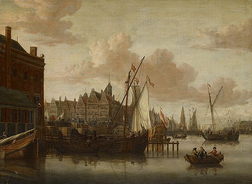 Het IJ bij de Nieuwe Brug gezien naar de Haringpakkerstoren, 1685, Jacob Storck