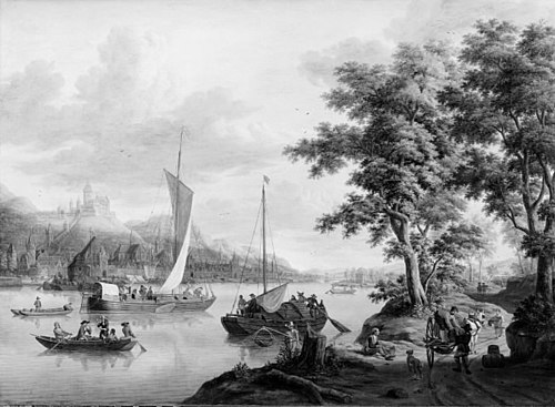 Prospekt fra Rhinen. Udsigt mod Bacharach med Burg Stahleck, 1693, Jacob Storck