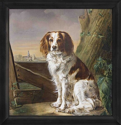 Zittende hond, op achtergrond Dronrijp, 1887, Assuerus Quaestius