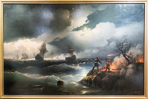 Peter I at Krasnaya Gorka Lighting a Fire on the Shore to Signal to his Sinking Ships, 1900, Ivan Aïvazovski