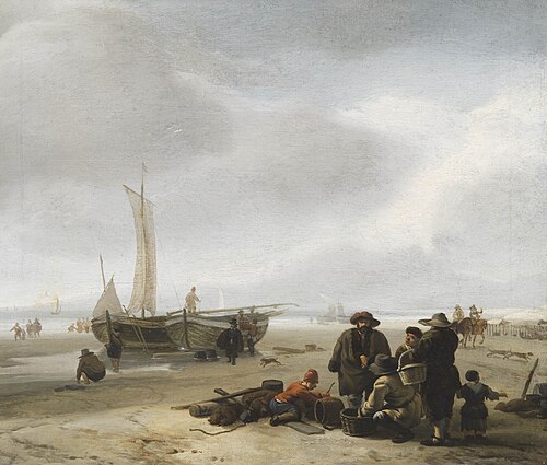 Beach view with fishermen selling their catch, 1680, Jacob Esselens