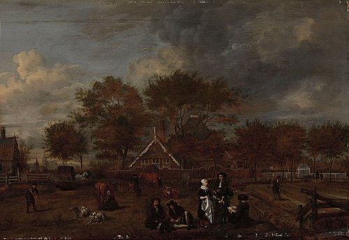 Farmstead with the Gentleman Farmer and his Wife and the Painter in the foreground, 1650, Jan Pietersz Opperdoes