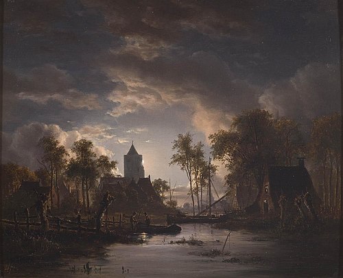 Riviergezicht met kerktoren en maneschijn, , Jacob Abels