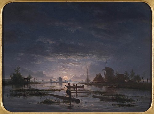Weids riviergezicht met vissers bij nacht, , Jacob Abels