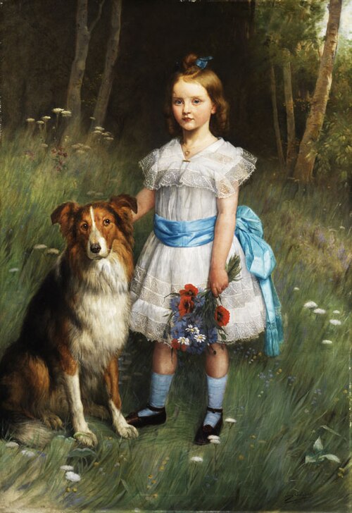 Portrait of a little girl with a dog, 1898, Eugène Siberdt