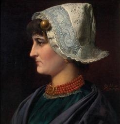 Portrait of a girl with lace hood and coral chain, 1886, Eugène Siberdt