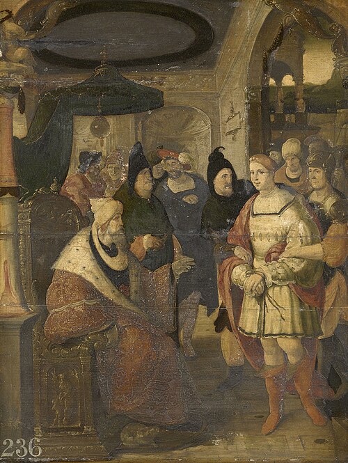 Saint Sebastian before the Emperor Diocletian, 1530, Aartgens