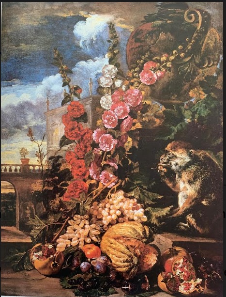 Flowers and fruit with a monkey in a landscape, 1650, Abraham Brueghel