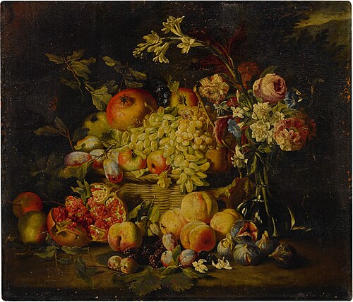 Still life of flowers and fruits, including pomegranates, peaches, and grapes, 1650, Abraham Brueghel