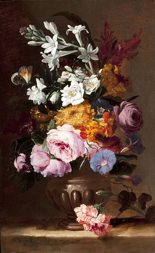 Roses, jasmine, primroses and other flowers in an urn on a stone ledge, 1670, Abraham Brueghel