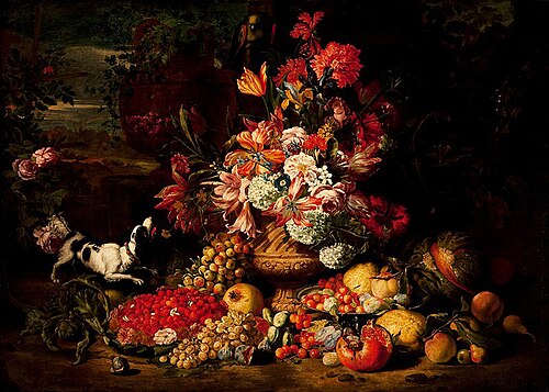 Still-life with flowers, fruit and a dog, 1677, Abraham Brueghel