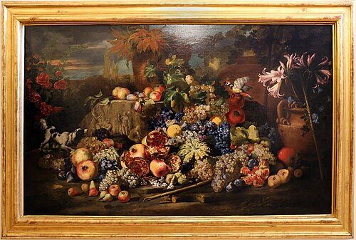 cane, uccello, vasi di terracotta e rilievo antico, , Abraham Brueghel