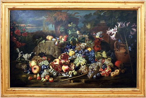 natura morta con cane, uccello, vasi di terracotta e un rilievo antico, , Abraham Brueghel