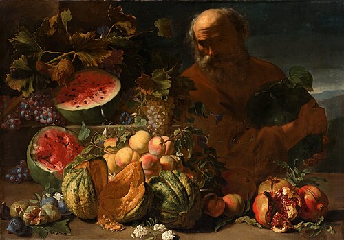 Still life of fruit with a man, 1670, Abraham Brueghel