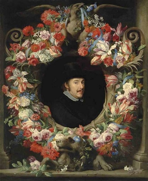 Sculptural Cartouche with Garland Parrot Tulips, Snowballs, ..., 1675, Abraham Brueghel