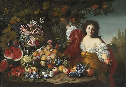 Still life of fruits and flowers with a figure, 1650, Abraham Brueghel