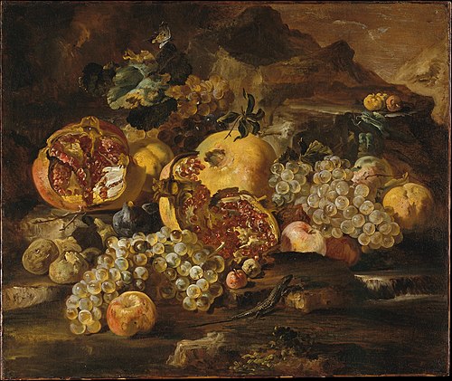 Pomegranates and Other Fruit in a Landscape, 1650, Abraham Brueghel
