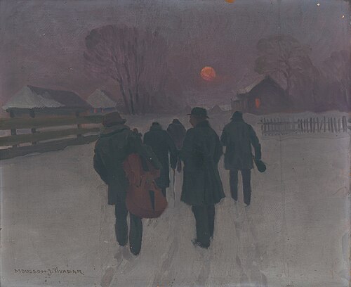 Muzikanti sa vracajú nad ránom zasneženou krajinou, 1905, Jozef Theodor Mousson