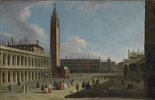 Blick von der Piazetta nach Norden auf Liberia, Campanile, Procuratie Vecchie, Torre dell'Orologio u, , Canaletto