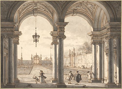 Vue d'un jardin à travers une colonnade baroque, 1760, Canaletto