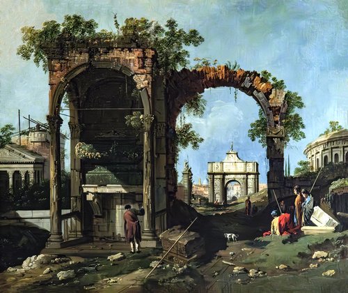 Caprice avec ruines classiques et édifices, 1750, Canaletto