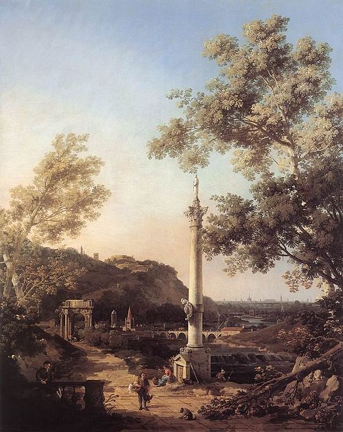 Capriccio : paysage de rivière avec une colonne, 1754, Canaletto