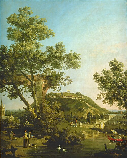 Capriccio : paysage anglais avec un palais, 1754, Canaletto